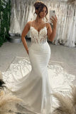 Satin Mermaid Spaghetti Straps See-through Bodice Lace Wedding Dresses, SW740 image 1