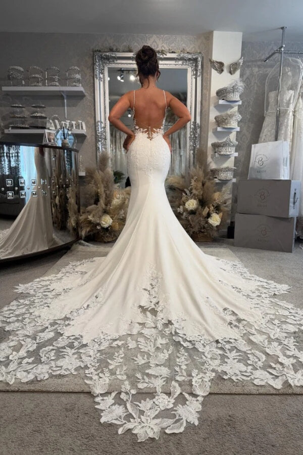see through lace mermaid wedding dress White Lace Mermaid See Through Long Wedding Dresses with Sweep Train, MW185