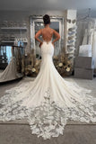 Satin Mermaid Spaghetti Straps See-through Bodice Lace Wedding Dresses, SW740 image 2