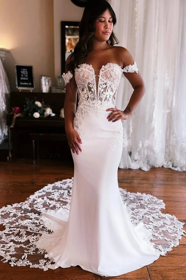 Satin Mermaid Sweetheart Chapel Train Wedding Dresses With Appliques, SW758 | wedding dress lace | new arrival wedding dress | wedding dress shops near me | simidress.com