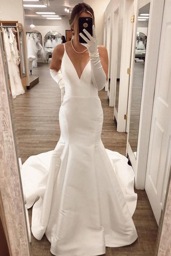 Satin Mermaid V-neck Open Back Wedding Dresses With Detachable Bow, SW619 | simple wedding dress | mermaid wedding dresses | bridal styles | simidress.com