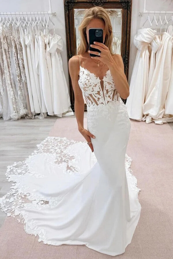 Satin Mermaid V Neck Spaghetti Strap Lace Appliques Wedding Dress, SW736 | satin wedding dress | summer wedding dress | lace wedding gown | simidress.com