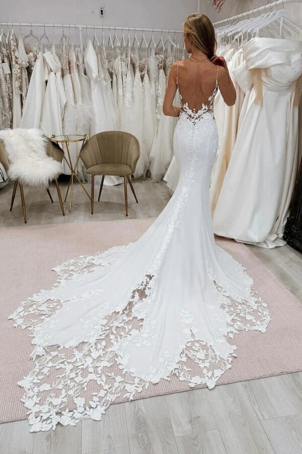 Satin Mermaid V Neck Spaghetti Strap Lace Appliques Wedding Dress, SW736 | mermaid lace wedding dress | beach wedding dress | backless wedding dress | simidress.com