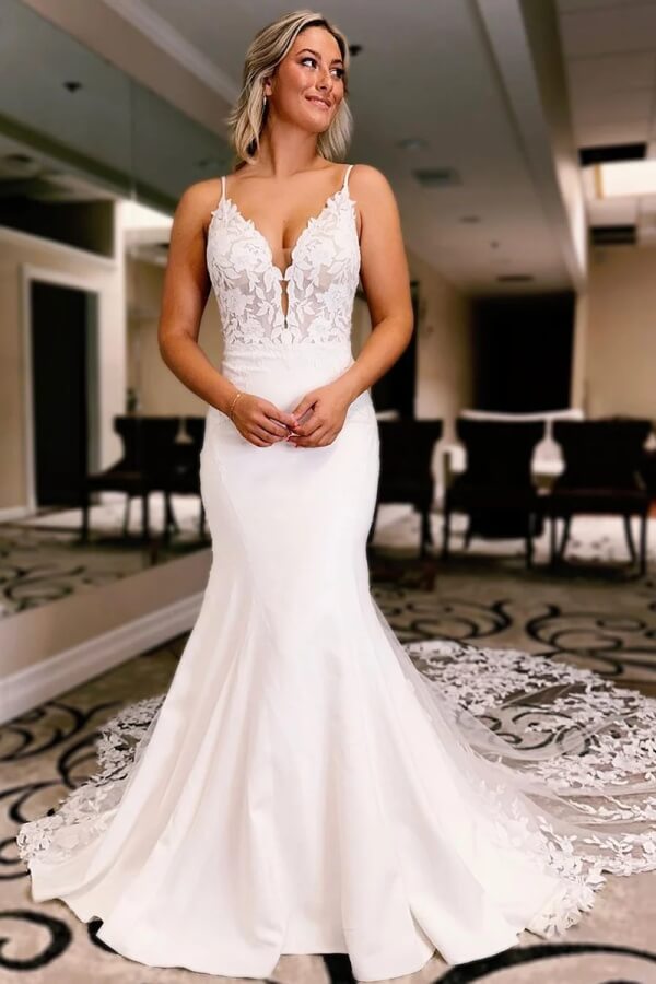 Satin Mermaid V Neck Spaghetti Straps Lace Appliques Wedding Dresses, SW756 | new arrival weddingdress | cheap lace wedding dress online | vintage wedding dress | simidress.com