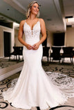 Satin Mermaid V Neck Spaghetti Straps Lace Appliques Wedding Dresses, SW756 | new arrival weddingdress | cheap lace wedding dress online | vintage wedding dress | simidress.com