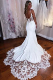 Satin Mermaid V Neck Spaghetti Straps Lace Appliques Wedding Dresses, SW756 | mermaid lace wedding dress | wedding dress stores near me | sexy wedding dress | simidress.com
