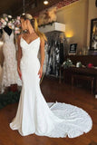 Satin Mermaid V Neck Spaghetti Straps Wedding Dresses With Lace Appliques, SW765 | new arrival wedding dress | simple wedding dress | lace wedding gown | simidress.com