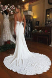 Satin Mermaid V Neck Spaghetti Straps Wedding Dresses With Lace Appliques, SW765 | mermaid wedding dress | bohemian wedding dress | where to buy wedding dress near me | simidress.com