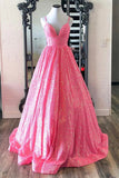 Shiny Hot Pink A-line V-neck Backless Long Prom Dresses, Evening Gown, SLP008 | prom dress stores | prom dresses near me | new arrival prom dress | simidress.com