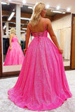 Shiny Hot Pink A-line V-neck Backless Long Prom Dresses, Evening Gown, SLP008 | simple prom dresses | long formal dresses | party dress | simidress.com