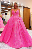 Shiny Hot Pink A-line V-neck Backless Long Prom Dresses, Evening Gown, SLP008
