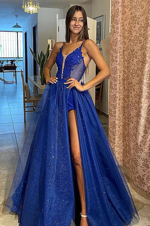 Shiny Royal Blue A-line V-neck Long Prom Dresses With Lace Appliques, SP992 | long formal dresses | prom dresses near me | cheap prom dresses online | simidress.com