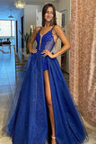 Shiny Royal Blue A-line V-neck Long Prom Dresses With Lace Appliques, SP992 | long formal dresses | prom dresses near me | cheap prom dresses online | simidress.com