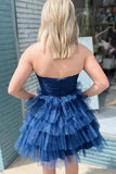 Shiny Tulle Navy Blue Strapless Sweetheart Neck Short Homecoming Dresses, SH665 | sexy homecoming dresses | where to buy homecoming dresses online | graduation dresses | simidress.com