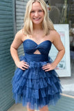 Shiny Tulle Navy Blue Strapless Sweetheart Neck Short Homecoming Dresses, SH665 | navy homecoming dress | cheap homecoming dresses | short party dress | simidress.com