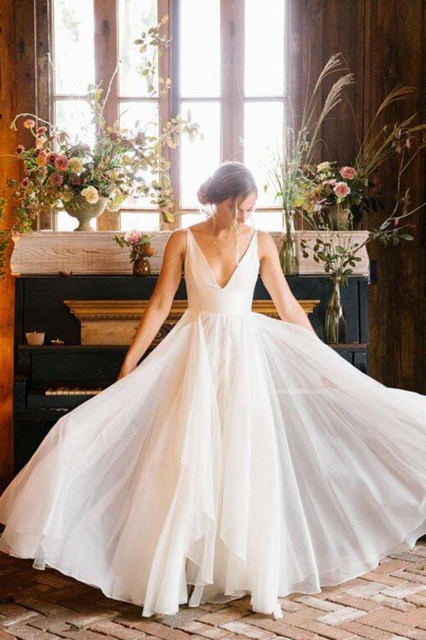 Simple Ivory A-line Chiffon Sleeveless V-neck Wedding Dresses, Bridal Gown, SW626 | chiffon wedding dresses | beach wedding dress | a line wedding dress | simidress.com