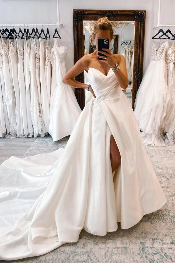 Simple Ivory Satin Ball Gown Wedding Dresses With Slit, Bridal Gown, SW705 image 1