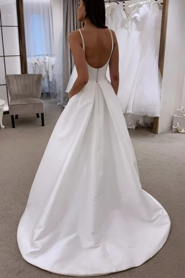 Simple Ivory Satin Spaghetti Straps Wedding Dresses With Sweep Train, SW695 image 2 | simidress.com