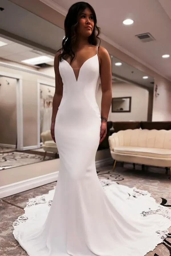 Simple Mermaid Spaghetti Straps V Neck Wedding Dress With Lace Appliques, SW752 | wedding dress near me | cheap lace wedding dress | bridal dress | simidress.com