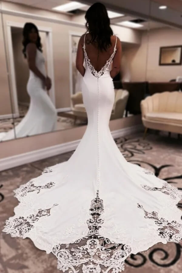 Simple Mermaid Spaghetti Straps V Neck Wedding Dress With Lace Appliques, SW752 | backless wedding dress | sexy wedding dress | bohemian wedding dress | simidress.com