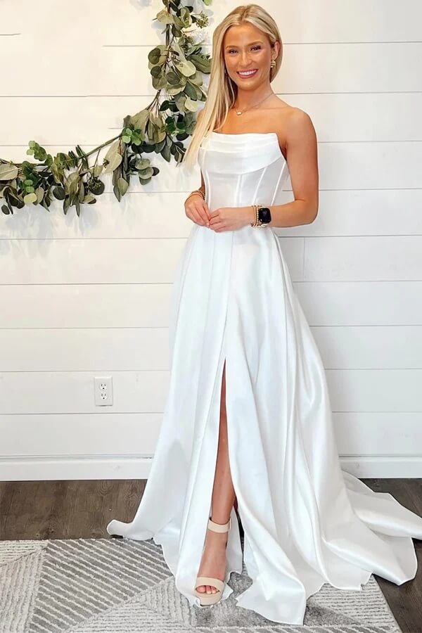 Simple Satin A-line Strapless Wedding Dresses With Slit, Bridal Gown, SW678 image 1