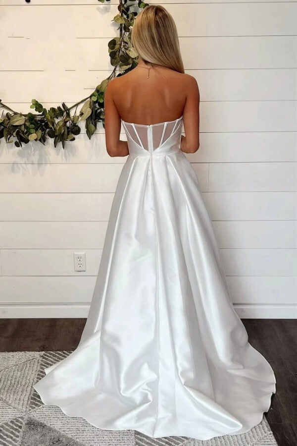 Simple Satin A-line Strapless Wedding Dresses With Slit, Bridal Gown, SW678 image 2
