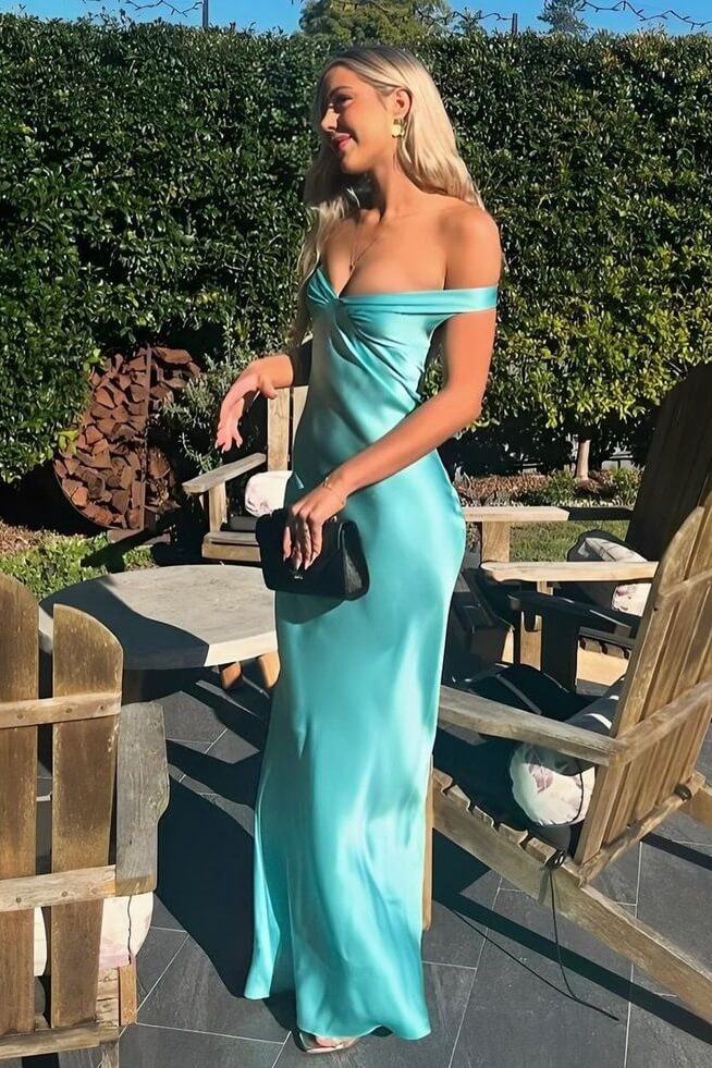 Simple Satin Aqua Sheath Off-the-Shoulder Long Prom Dresses, Party Dress, SLP089 | green prom dress | new arrival prom dress | prom dress stores | simidress.com