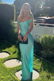 Simple Satin Aqua Sheath Off-the-Shoulder Long Prom Dresses, Party Dress, SLP089 | mint prom dress | cheap prom dress | simple prom dresses online | simidress.com