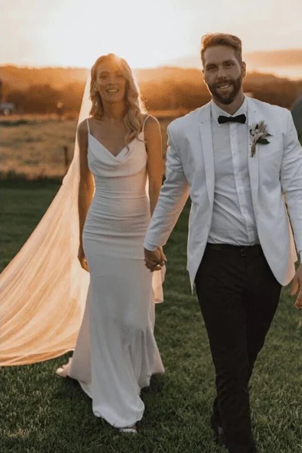 Simple Satin Mermaid Cowl Neck Spaghetti Straps Wedding Dresses, SW696 image 1