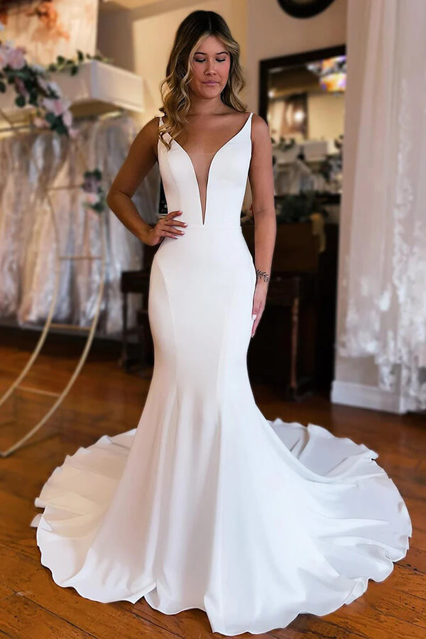 Simple Satin Mermaid Deep V-neck Backless Boho Wedding Dresses, SW676 image 3 | simidress.com