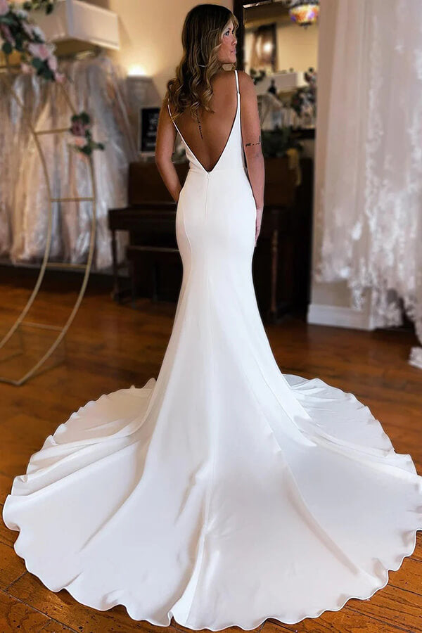 Simple Satin Mermaid Deep V-neck Backless Boho Wedding Dresses, SW676 image 1 | simidress.com