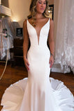 Simple Satin Mermaid Deep V-neck Backless Boho Wedding Dresses, SW676 image 2 | simidress.com