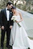 Simple White Satin A Line Strapless Wedding Dresses With Slit, Bridal Gown, SW711 image 2