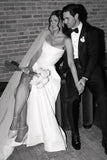 Simple White Satin A Line Strapless Wedding Dresses With Slit, Bridal Gown, SW711 image 3