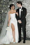 Simple White Satin A Line Strapless Wedding Dresses With Slit, Bridal Gown, SW711