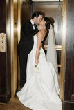 Simple White Satin A Line Strapless Wedding Dresses With Slit, Bridal Gown, SW711 image 4