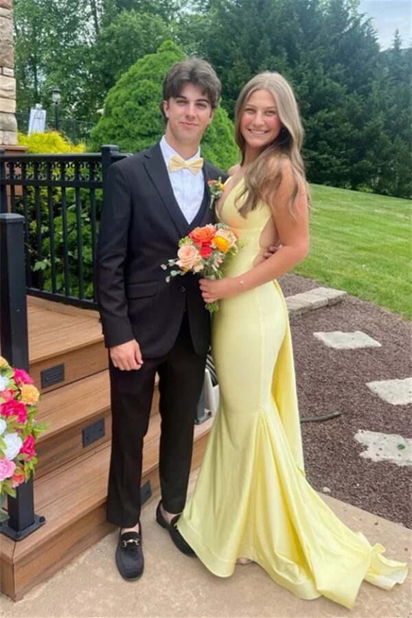 Yellow Satin Mermaid V Neck Long Prom Dress, SLP100