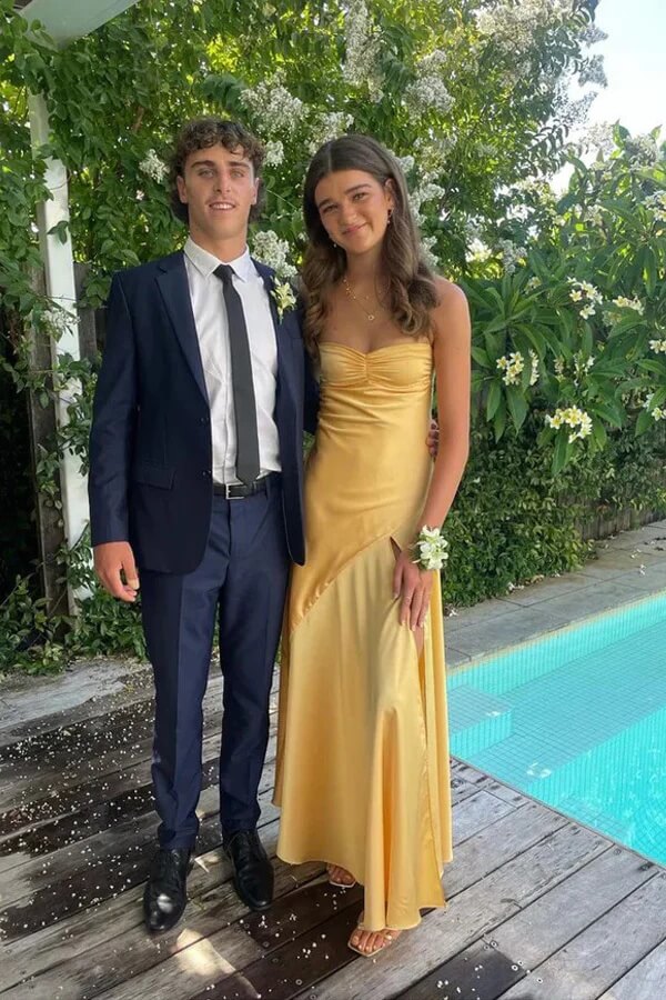 Simple Yellow Satin Spaghetti Straps Long Prom Dresses With Slit, SLP070 image 2