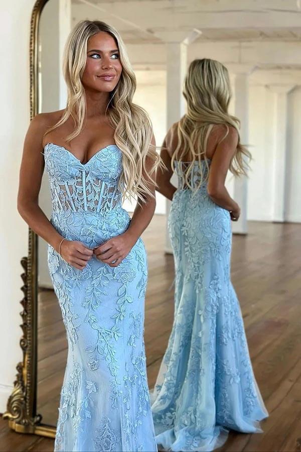 Sky Blue Strapless Mermaid Sweetheart Prom Dresses With Lace Appliques, SP984 image 3