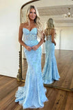 Sky Blue Strapless Mermaid Sweetheart Prom Dresses With Lace Appliques, SP984