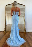 Sky Blue Strapless Mermaid Sweetheart Prom Dresses With Lace Appliques, SP984 image 2