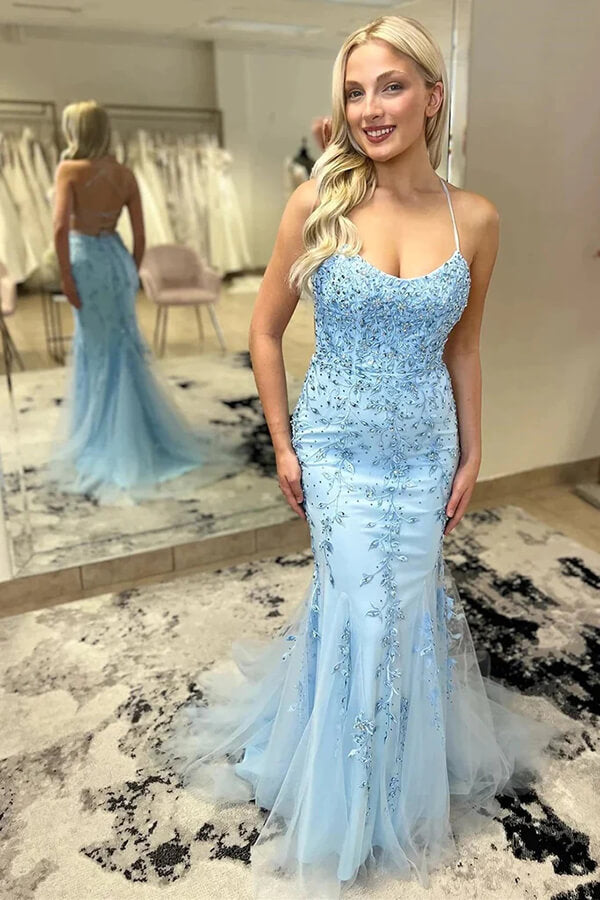 mermaid scoop prom dress Sky Blue Tulle Mermaid Scoop Neck Lace Prom Dresses SLP003