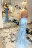 Sky Blue Tulle Mermaid Spaghetti Straps Scoop Neck Lace Prom Dresses, SLP003 | cheap long prom dresses | backless prom dress | long formal dress | simidress.com