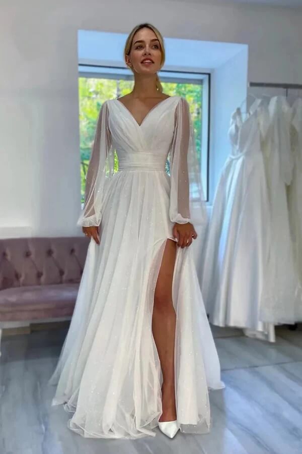 Sparkly A Line V Neck Long Sleeves Beach Wedding Dresses With Slit, SW691 | affordable wedding dresses online | wedding dress stores | vintage wedding dress | simidress.com