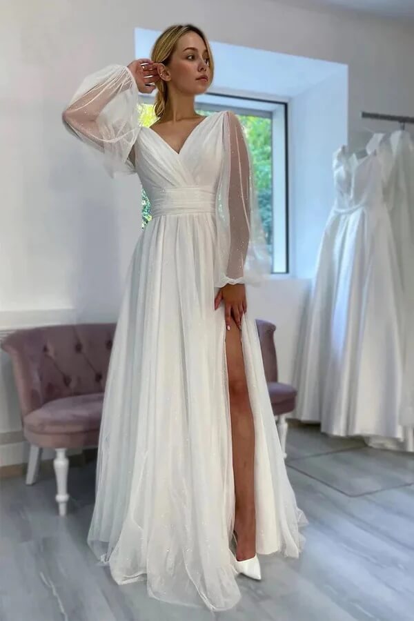 Sparkly A Line V Neck Long Sleeves Beach Wedding Dresses With Slit, SW691 | simple wedding dresses | cheap wedding dresses online | long sleeves wedding dress | simidress.com