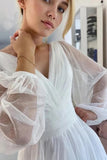 Sparkly A Line V Neck Long Sleeves Beach Wedding Dresses With Slit, SW691 | a line wedding dress | tulle wedding dress | bridal gown | simidress.com
