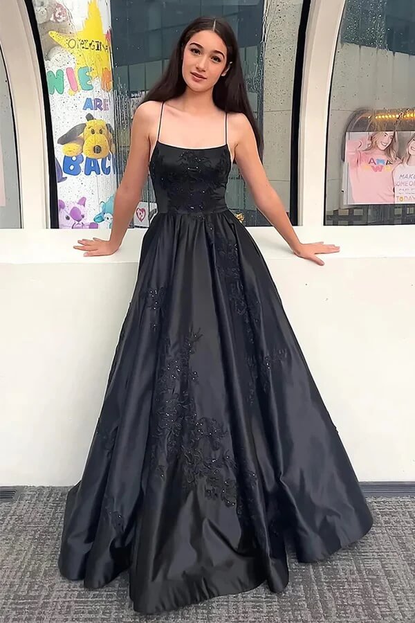 Black Spaghetti Straps Prom Dresses With Appliques, SLP067 | Simidress Black Spaghetti Straps Prom Dresses With Appliques, SLP067 | Simidress