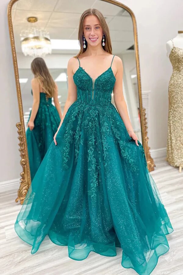 Sparkly Emerald Green Spaghetti Straps Prom Dress, SLP032 | Simidress Sparkly Emerald Green Spaghetti Straps Prom Dress, SLP032 | Simidress