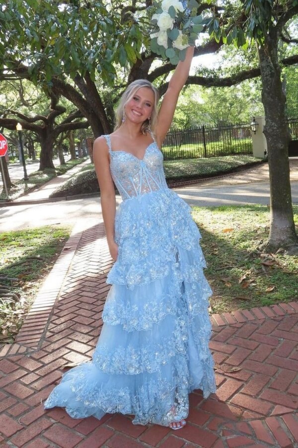 Sparkly Light Blue Tulle Sweetheart Long Prom Dresses With Lace Appliques, SLP106 | prom dress blue | lace prom dress | senior prom dress | simidress.com
