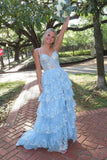 Sparkly Light Blue Tulle Sweetheart Long Prom Dresses With Lace Appliques, SLP106